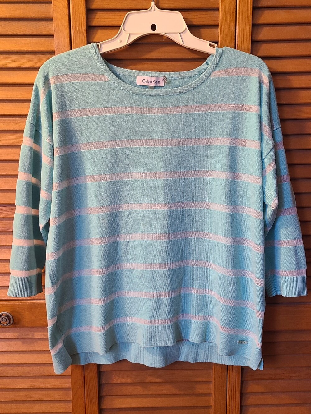 Calvin Klein Pastel Aqua & White Striped Crewneck Sweater, Size M